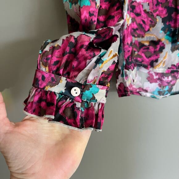 SALONI Emile Floral‎ Print Button Front Silk Top In Blossom Cloudy Rose Size 0 - Picture 11 of 16